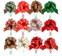 12 Pcs Christmas Pull Bows for Gift Baskets Wrapping Green Ribbon Bow 9 Sections of Red Xmas Pull Bows for Celebration New Year Party Present Wrapping Organza Pull Bows Set