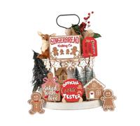 12 Pcs Christmas Tiered Tray Decorations Set Winter Gingerbread Man Theme Wooden Tabletop Decor Xmas Decoration Bundle Sign for Farmhouse Home Centerpieces