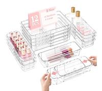 12 Pcs Clear Extendable Drawer Organiser, LINYAPRY Adjustable Drawer Storage 2-Size Desk Drawer Organiser, Plastic Non-Slip Storage Bins for Makeup, Cosmetic, Jewelries, Utensils, Stationery, Dressers