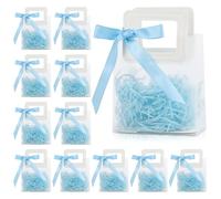 12 Pcs Clear Gift Bags with Handles, 15 x 13.4 x 7 cm Small Reusable Frosted Plastic Tote Bags with Blue Ribbon, White Square Leather Handle Gift Wrap Bags for Party Favour, Bridal Party, Baby Shower