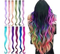 12 Pcs Colored Hair Extensions Party Highlights, Curly Wavy Hairpiece Clip in Synthetic Rainbow for Kids Girls Women