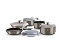 12 Pcs Colorful Space Saving Cookware Frying Pan Sauce Pan Casserole Pot Set Induction Lid Handles (Carbon)