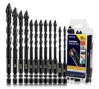 12-PCS Concrete & Masonry Drill Bit Set, Cement Drill Bits for Concrete Brick Wall, Tile Glass Ceramic, Masonry Drill Bit 1/8 to 1/2 inch Industrial Strength Carbide Cross Drill Bit Tip