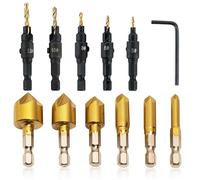 12 PCS Countersink Drill Bit Set, 6 PCS High Speed Steel Counter Sinker Drill Bits 5 Flute, 5Pcs Titanium Plating 1/4inch Hex Shank Power Tools with L-Wrench for Woodworking, Wood Drilling
