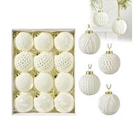 12 Pcs Crochet Christmas Balls, Modern Christmas Ornaments Neutral Handmade Knitted Cotton Baubles for Xmas Tree Rustic Farmhouse Holiday Decor (White)