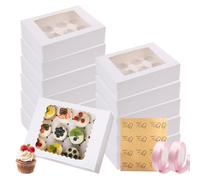 12 Pcs Cupcake Boxes 12 Hole, Food Grade Cake Box Holders Bakery Carrier Boxes with Windows and Inserts for Cupcakes, with Two Rolls of Ribbons and Two Stickers for Cupcakes, Muffins and Pastries