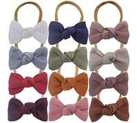 12 Pcs Cute Linen Bow Nylon Headband for Newborn Infant Toddler Mini Hair Bow Elastic Bands Baby Girls Little Kids Headbands (Linen Mini Knot bow 2.5'')