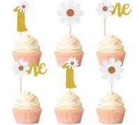 12 PCS Daisy One Cupcake Toppers, Glitter Flower Cake Decorations for 1st Birthdays, Baby Showers, or Hippie Party Supplies