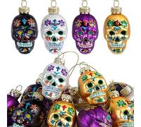 12 Pcs Day of The Dead Glass Ornaments- Dia De Los Muertos Sugar Skull Decorations- Halloween Hanging Skeleton Head Ornaments for Parties Xmas Tree Decoration