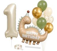 12 Pcs Dinosaur 1st Birthday Balloons Set with 32 Inch Number 1 Balloon | 10 balloons with dinosaur foil balloon, 8 coordinating balloons, ribbon and inflation straw for first birthday displays