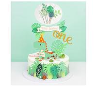 12 Pcs Dinosaur First Birthday Cake Toppers Green Leaf Sequins Golden One Cupcake Toppers Banner Glitter 1st Happy Birthday Dessert Cake Decorations for Baby Shower Celebration Party Supplies Favors