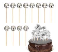 12 Pcs Disco Ball Cake Decorations with Bamboo Sticks, Shiny Silver Mini Disco Balls Cake Topper, 1970s Disco Themed Cake Toppers, for Theme Party Birthday Cake Decorations