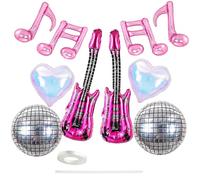 12 Pcs Disco Ball Decorations, Pink Purple Music Note Party Balloons Set, Music Festival Decor, 4D Shining Disco Balloons with Guitars Hearts Music Notes, Rock & Roll Dancing Queen