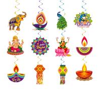 12 Pcs Diwali Hanging Decorations, Happy Diwali Decorations for House, Decoration House Hanging Swirls with Indian Elephant, Peacock, Lantern for Hangings Swirls Party Indian Themed Party Decoration