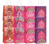 12 Pcs Diwali Paper Bags with Handles Favor Tote Bags Packing Supplies for Indian Deepavali Light Festival Party Decoration