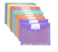 12 Pcs Document Folder, 6 Colors Plastic Wallets A4 Punched Pockets with Button and Label Pocket, Waterproof Transparent Filling Folders, Popper Wallet for Ring Binders (Horizontal, Multicolor)