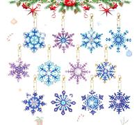 12 Pcs Double Sided Snowflake Diamond Art Painting Keychain Christmas DIY Rhinestone Painting Key Rings Chains Winter Diamond Keyrings Blue Diamond Key Pendants for Kids Adults Purse Phone Bag Decor