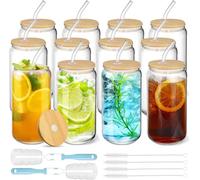 12 Pcs Drinking Glasses Cups with Glass Straw and Bamboo Lids - 16oz Beer Can Shaped, Iced Coffee Tumbler Clear Cup for Cocktail, Whiskey, Cola, Juice, Soda, Tea, Water | Gift Set Family Party Bar