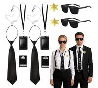 12 Pcs Duo Agent Costume Accessories Set for Women Men, Secret Service Costume Cosplay Set, Include Black Sunglasses Neckties Badges Earpieces ID Cards & Holders, Spy Costume for Carnival Halloween