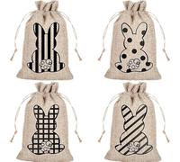 12 PCS Easter Bunny Gift Bags with Drawstring,Easter Burlap Gift Bag 3.9 x 5.5 Inches Easter Bunny Rabbit Gifts Pouch Bag Rustic Hunt Bag Cookies Chocolate Party Favor Bags for Kids Boys Girls