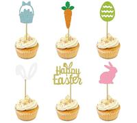 12 Pcs Easter Cupcake Toppers Decorations - Glitter Happy Easter Cake Toppers with Bunny Ear Egg Carrot Basket Cupcake Picks, Easters Theme Party Cake Decorations Supplies