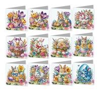 12 PCS Easter Diamond Art Painting Greeting Cards with Envelopes, Rabbit Craft DIY Card Making Kits for Beginner Adults Gifting Holiday Blessing (Easter Egg Bunny)