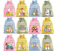12 pcs Easter Jute Bags with Drawstrings 15 x 10cm Sweet Candy Bag Treat Bags Easter Themed Picture Bunny Bags for Garden or Indoor Easter Egg Hunt Party Favor Bags (Drawstring)