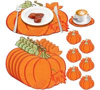 12 Pcs Fall Thanksgiving Embroidered Pumpkins Placemats and Coaster Set of 6 Autumn Harvest Table Placemats Washable Mats for Home Dinning Kitchen Decorations