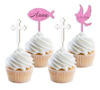 12 PCS First Holy Communion Cupcake Topper Baptism Cake Decorations, Communion Baby Shower Wooden Fish Dove Cross Decorations, Christening Cake Topper for Birthday Boys and Girls (Pink and White)