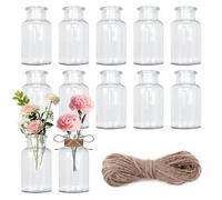 12 PCS Flower Vase Set, Small Clear Glass Bud Vases with 10M Jute Rope for Centerpieces, 250 ml Mini Glass Bottles Handmade Vases for Wedding Party Home Coffee Table Decorations