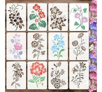 12 Pcs Flower Vine Stencil Set 29.7 x 21 cm Reusable PET Craft Stencils with Floral Designs Like Hibiscus Lily Rose Petunia Painting Templates for Wood Fabric Scrapbooking DIY Crafts