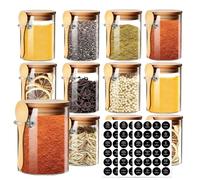 12 Pcs Glass Spice Jars Set with Spoons Lids and Labels , 7oz/200ml Seasoning Jars with 192 Black Labels, Small Airtight Glass Storage Container with Bamboo Lids for Salt,Sugar,Herbs,Nuts,Coffee,Tea