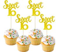 12 PCS Glitter Gold Sweet 16 Cupcake Toppers - Shimmering Number 16 Cake Decorations for 16th Birthday & Anniversary Parties
