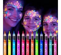 12 PCS Glow in the Dark Face Paint Kit - Washable UV Neon Face & Body Paint Pens with Temporary Tattoo Markers - Festival, Halloween, Christmas Party Makeup Set for Adults, Beginners & Professionals