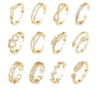 12 Pcs Gold Rings for Women Set Stacking Rings Jewellery Knuckle Rings Women Gold Adjustable Open Filled Toe Rings Hawaiian Summer Beach Foot Jewelry Ladies Gold Ring Set for Mother's Day Birthday