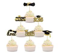 12 Pcs Graduation Cake Toppers 2025 - Gold & Black Glitter Class of Decorations, 3D Cupcake Topper Set for Grad Parties, Congrats Ceremony & Uni Celebration Supplies