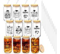 12 Pcs Graduation Class Drinking Cups with Lids and Straw 16 oz Beer Can Glass Iced Coffee Cups Tumbler Clear Glass Cup for Cocktail Whiskey Tea Cola Juice Soda- Gift Set
