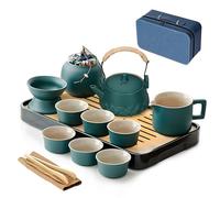 12 pcs Green Ceramic Chinese Tea Set Gifts Tea Sets with Teapot, Tea Cups, Bamboo Tea Tray, Cenister, Infuser, Tray Portable Bag, Tea Infuser, Kung Fu Cup and Teapot Set Travel Tea Set for Tea Lovers