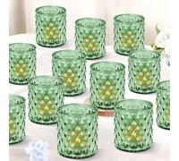 12 Pcs Green Glass Tea Light Holder, Votive Candle Holders Bulk, 8 x 7 cm Vintage Glass Tealight Holders for Table Centerpiece Wedding Birthday Party Easter Home Decor