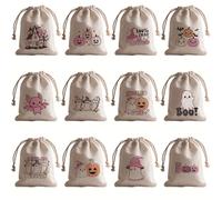 12 PCS Halloween Bags,Halloween Hessian Sweet Bags,Autumn Pumpkin Sacks,Spooky Ghost Shape Drawstring Bags,Trick or Treat Candy Bags Gift Party (L(12PCS),13 * 18 CM)