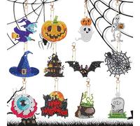 12 PCS Halloween Diamond Painting Keychain,Ghost Pumpkin Crystal Rhinestone Pendant Paint by Numbers Diamond,DIY Full Drill Diamond Art Craft Keyring,Mosaic Diamond Key Chain for Kids,Adult (A)
