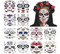 12 Pcs Halloween Face Tattoos, Day of the Dead Face Temporary Tattoos Face Sticker with Skull Floral Black Skeleton Web Red Roses, Make Up Sticker for Halloween Carnival Masquerade Cosplay