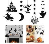 12 PCS Halloween Hanging Ornaments, Black Creepy Vintage Cobweb Bat Witch Moon Haunted House Hanging Decoration, Ghost Festival Atmosphere Layout Props Halloween Party Decor for Home Outdoor Office