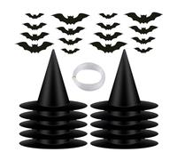 12 PCS Halloween Witch Hats, Black Hanging Witch Hat, Floating Witches Hat with 164 FT Nylon Cord & 24 Bats Wizard Hats Indoor Outdoor Halloween Decorations for Home Yard Porch Ceiling