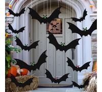 12 Pcs Hanging Bats Halloween Decorations Outdoor - Waterproof Hanging Black Bat with Glowing Eye Stickers, Large Flying Plastic Bats Decoration for the Tree, Porch, Yard, Lawn, Indoor