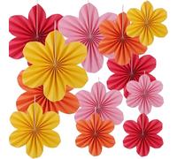 12 PCS Hanging Paper Fans Flower,Paper Decorations Hanging,Paper Flowers Decorations with Lanyard Pin,Paper Fans 20/25/35 cm for Party, Wedding, Festival Decoration (Red, Yellow, Pink, Orange)