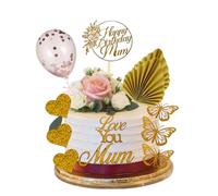 12 Pcs Happy Birthday Mum Cake Toppers set Gold Cake Decorations Flower Design, Palm Leaf, Sequins Balloon Glitter Card Cake Toppers for Party Cake Decor (PINK)