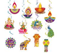 12 Pcs Happy Diwali Hanging Swirls, Diwali Hanging Swirl Decor, Deepavali Decoration, Happy Diwalis Decorations for Home, Office, Light Party, Indian Festival Rangoli Decoration Supplies
