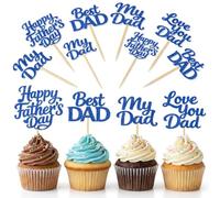 12 Pcs Happy Father's Day Cupcake Toppers, Blue Glitter Best Dad, No 1 Dad Cupcake Picks, Blue Gold Glitter Cake Topper for Father's Day Theme Cupcake Decoration Birthday Party Supplies