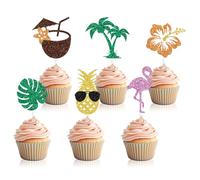 12 PCS Hawaiian Cupcake Topper, Pineapple Plam Tree Flower Flamingo Cake Picks, Aloha Tropical Cupcake Picks, Summer Beach Luau Themed Baby Shower Birthday Party Decorations